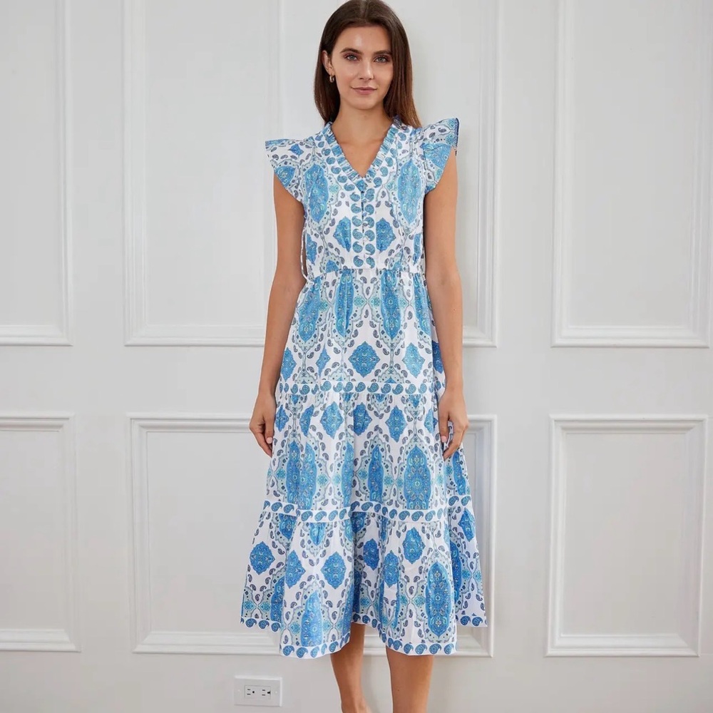 Sail to Sable Blue & White Paisley V-Neck Midi Dress